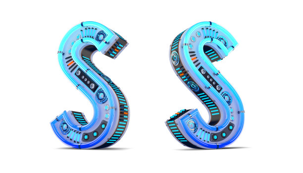 蓝色氖灯3d字母插图与剪切路径。图片下载