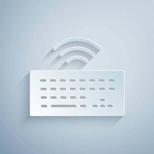 剪纸无线电脑键盘图标孤立在灰色背景。电脑组件的信号。物联网概念与无线连接。纸艺术风格。向量图片下载