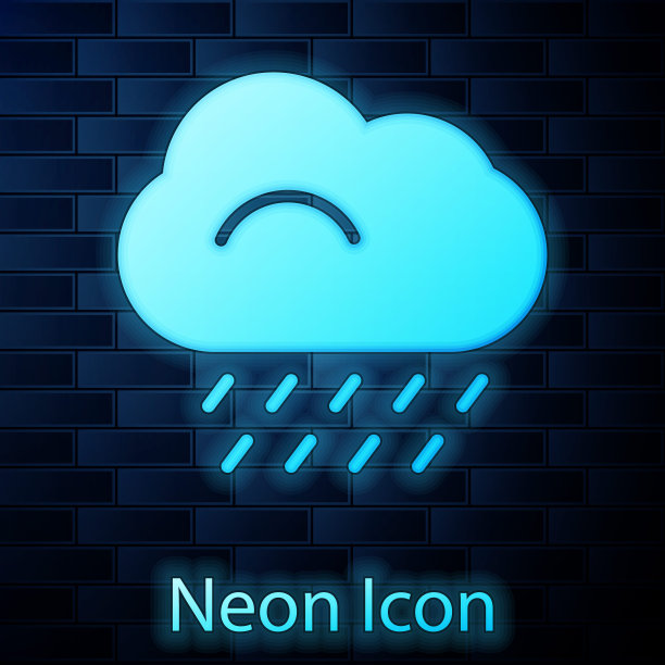 霓虹灯云与雨的图标孤立在砖墙的背景。雨云与雨滴一起沉淀。矢量图图片下载
