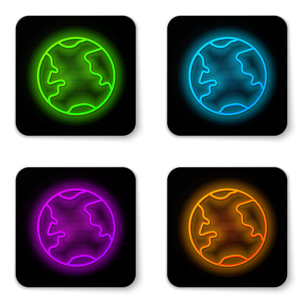 发光的霓虹灯线地球地球仪图标孤立在白色的背景。世界或土相星座。全球互联网的象征。几何形状。黑色方形按钮。矢量图图片下载