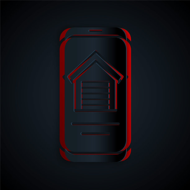 剪纸网上房地产在智能手机图标孤立在黑色背景。房屋贷款概念，租房，买房，买房。纸艺术风格。向量图片下载