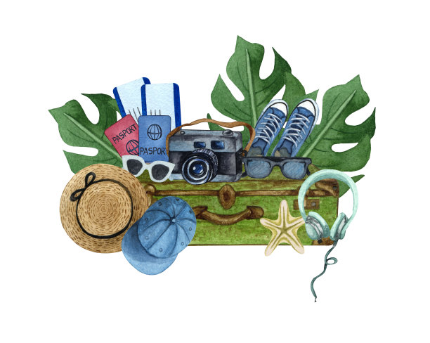 水彩插图旅行。衣箱，眼镜，帽子，相机，护照，运动鞋。暑假。手绘假期组成孤立的白色背景。图片下载