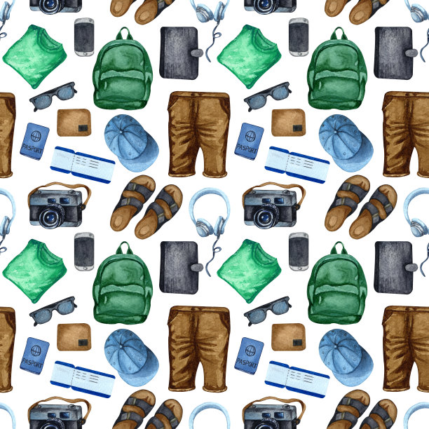 水彩旅行无缝模式。暑假的模式。冒险，热带旅行背景。图片下载