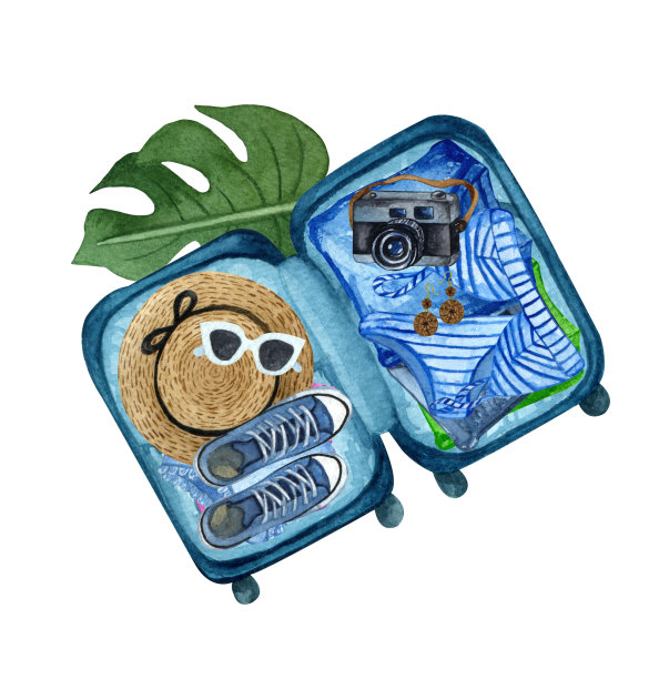 水彩插图旅行。装衣服，眼镜，帽子，相机，运动鞋的行李箱。暑假。手绘假期组成孤立的白色背景。图片下载