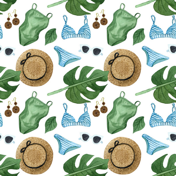 水彩旅行无缝模式。暑假的模式。冒险，热带旅行背景。图片下载