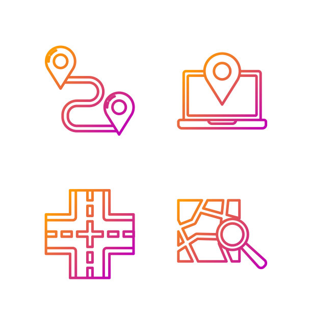 设置线折叠地图与位置标记，道路交通标志，路线位置和笔记本电脑与位置标记。渐变颜色图标。向量图片下载