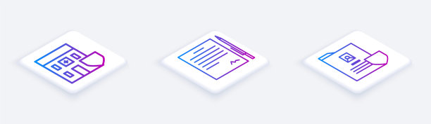 用盾牌设置医院大楼等距线，用笔设置合同，用盾牌设置文件。白色正方形按钮。向量图片下载