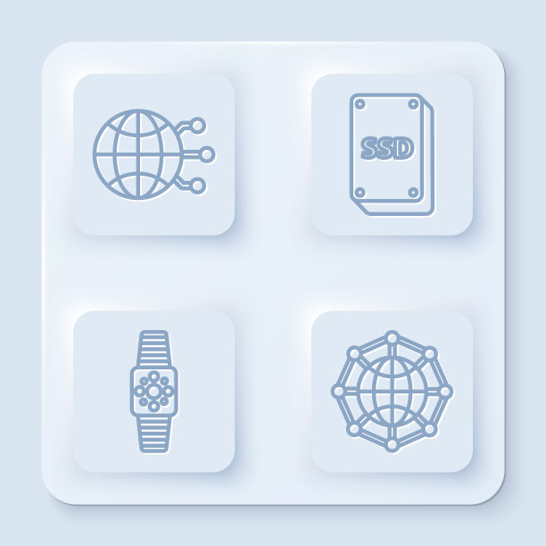 集全球科技或社交网络、SSD卡、智能手表及全球科技或社交网络于一体。白色正方形按钮。向量图片下载