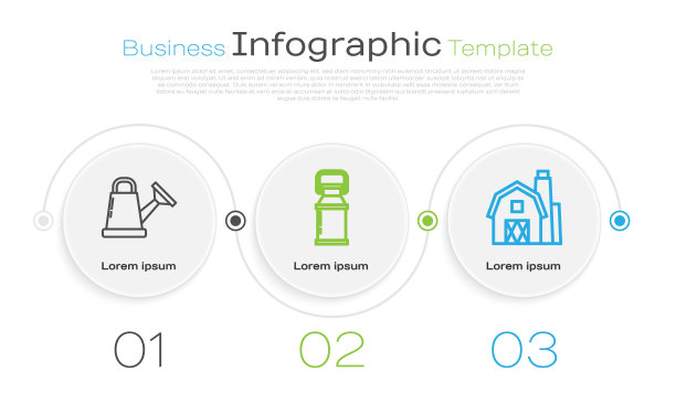 设置生产线喷壶，牛奶罐容器和农家概念。业务信息模板。向量图片下载