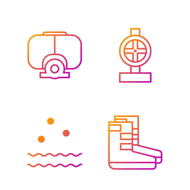 集系列靴子、防冷防浪、潜水面罩及工业金属管及阀门。渐变颜色图标。向量图片下载