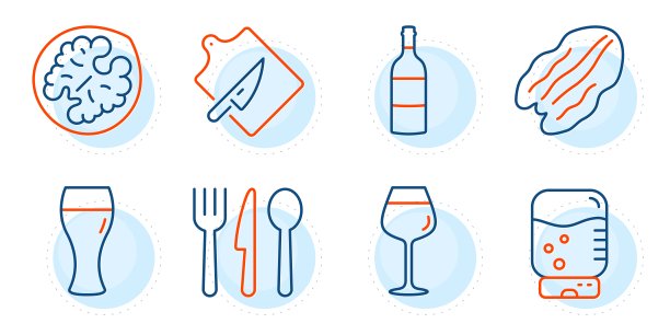 饮水机，酒瓶和波尔多玻璃图标设置。山核桃，砧板和食品标志。向量图片下载