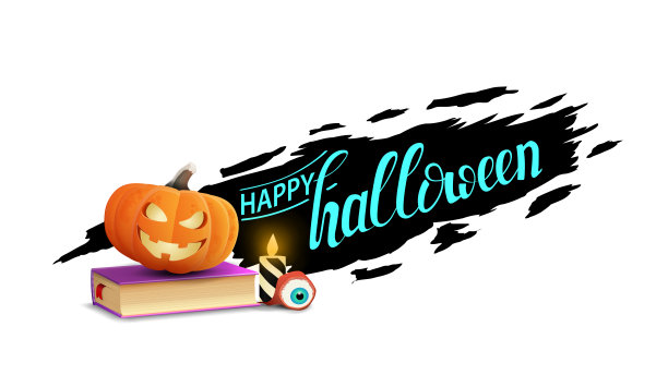 万圣节快乐，白色贺卡与咒语书和南瓜杰克。黑色撕破的旗帜孤立在白色背景上。图片下载