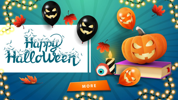 问候蓝色明信片，万圣节快乐，卡片与拼写书和南瓜杰克图片下载