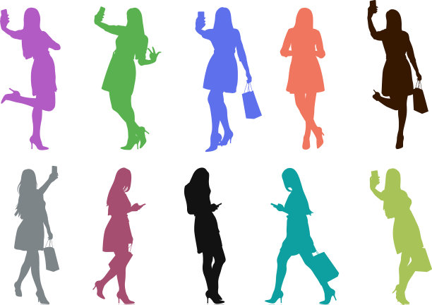 彩色剪影的女人与手机在设置图片下载