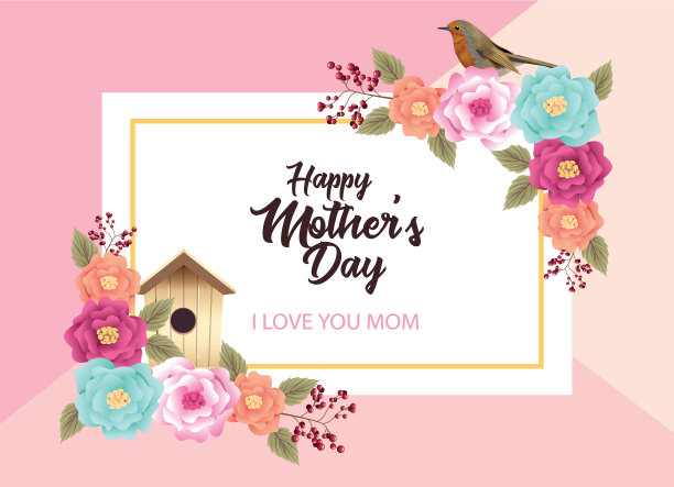 母亲节贺卡，鲜花和鸟屋图片下载