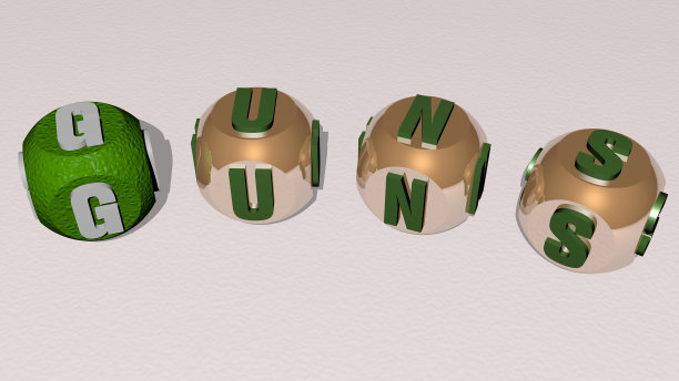 从顶部角度看，由立方体字母组成的枪的组合，非常适合概念展示。插图和军队。三维演示图片下载