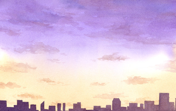 城市景观的水彩画在黄昏。图片下载