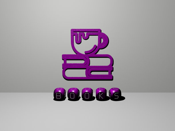 书籍的垂直3D图形图像，以及由金属立方体字母从顶部视角构建的文本，非常适合概念展示和幻灯片。背景和插图图片下载