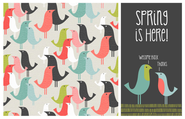 世纪中期春季现代鸟类无缝图案图片下载