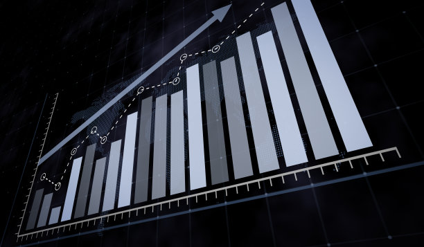 上升的蓝色条形图和虚线世界地图图片下载