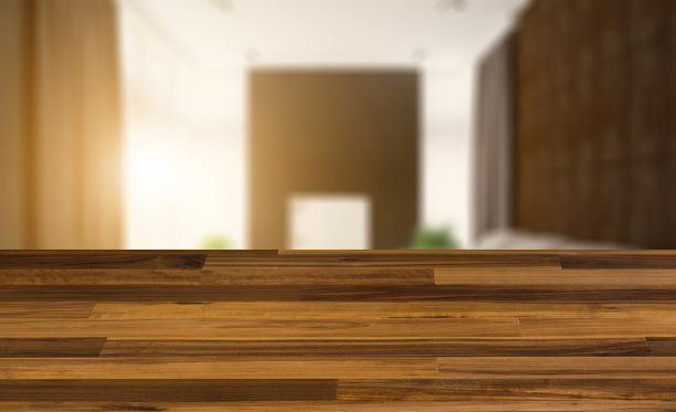 木质桌子背景上模糊的内部。客厅。白色的皮沙发。大窗户。由木板制成的墙壁。三维渲染图片下载