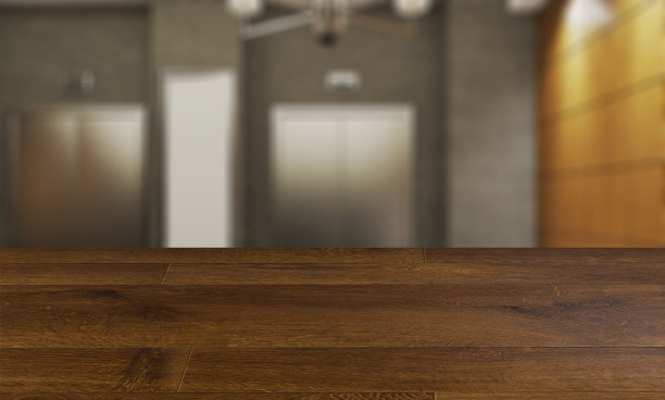 木质桌子背景上模糊的内部。大型接待公司和商务中心。沙发参观。墙壁由木板和混凝土板。3 d渲染。模型。空的绘画图片下载