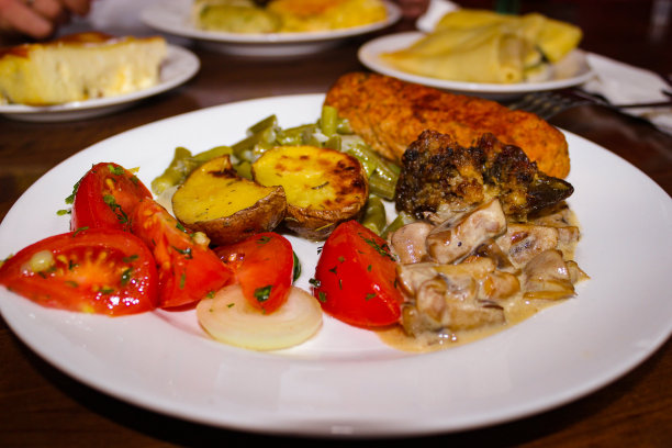 简单菜肴的美味午餐。肉排，蘑菇，烤土豆和番茄片。图片下载