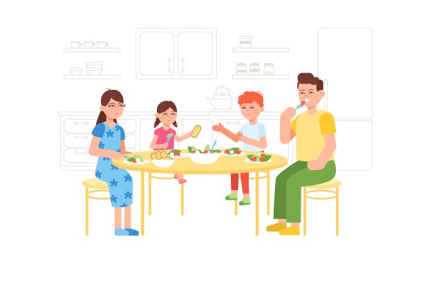 快乐的年轻家庭围坐在厨房椭圆形餐桌上吃沙拉图片下载