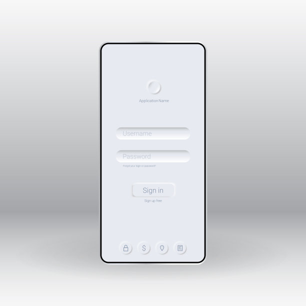 多态风格的移动应用的用户界面。输入用户名和密码的字段。登录和注册按钮。一个移动应用的模板。白色的背景图片下载