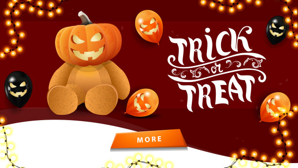 不给糖就捣蛋，用纽扣、万圣节气球、花环和杰克南瓜头的泰迪熊来问候红色明信片图片下载