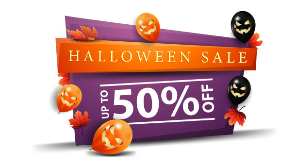 万圣节促销，高达50%的折扣，横向折扣横幅卡通风格与万圣节气球图片下载