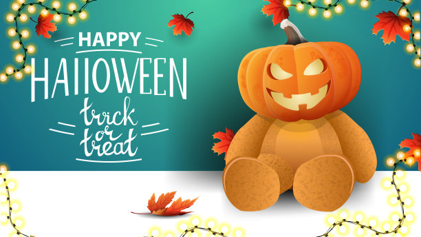 万圣节快乐，不给糖就捣蛋，简单的明信片上有杰克南瓜头的泰迪熊。贺卡与美丽的字母图片下载