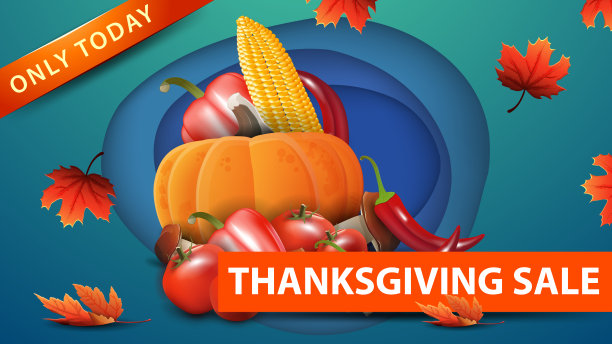 感恩节大减价，剪纸风格的蓝色打折网横幅，配秋收图片下载