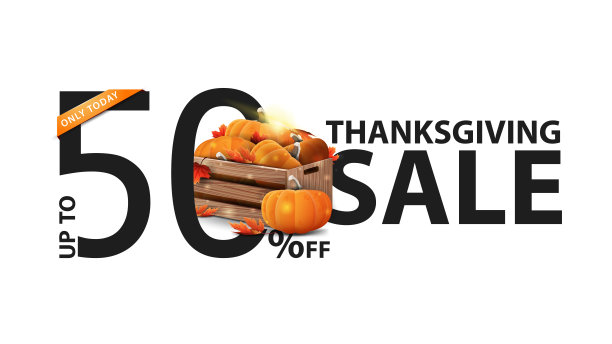 感恩节大减价，五折优惠，创意十足的白色横幅，上面有装满成熟南瓜的木箱和秋天的屋檐图片下载