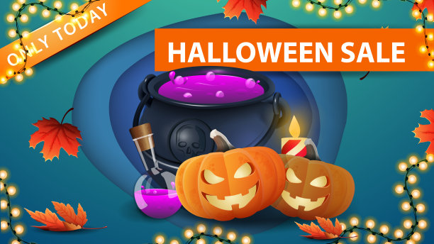 万圣节特卖，蓝色的打折网横幅剪纸风格与女巫的大锅和南瓜杰克。现代设计的折扣横幅图片下载