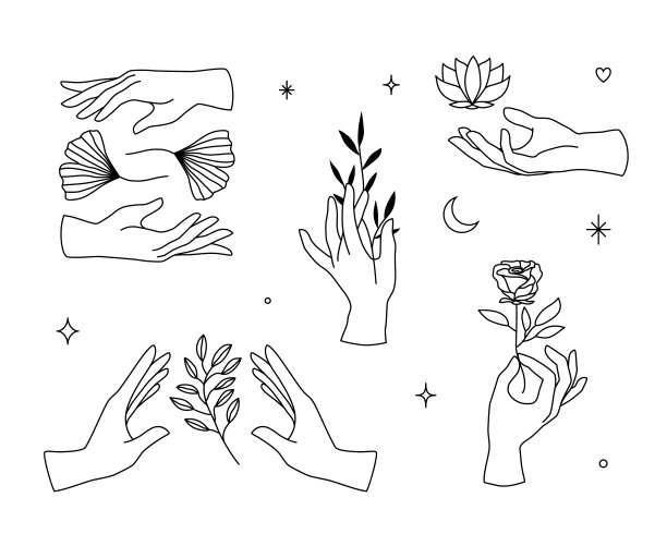矢量集的女性手标志，图标在最小的线性风格。徽章设计模板与手势，玫瑰，莲花，银杏叶化妆品，美甲，美容，纹身，水疗中心，珠宝店图片下载