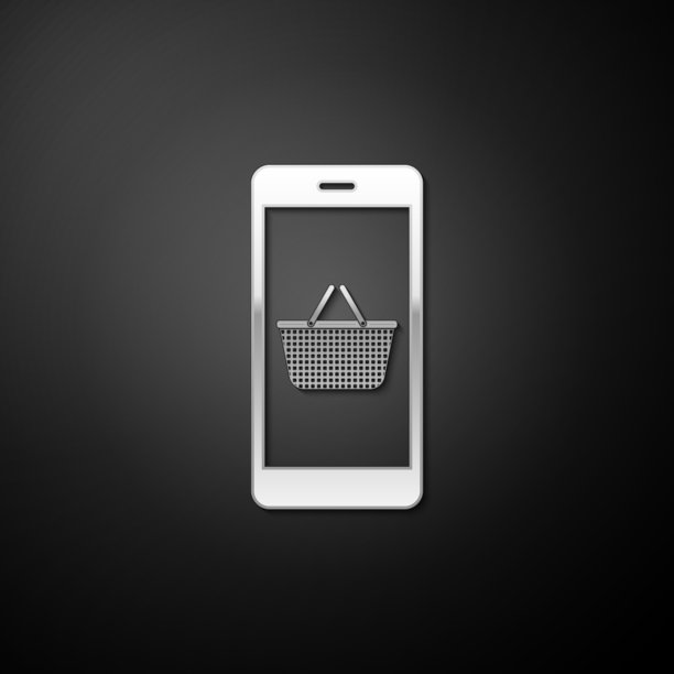 银色手机和购物篮图标孤立在黑色背景。网上购物的象征。超市篮的象征。长长的阴影风格。向量图片下载
