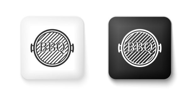 黑白烧烤架图标孤立在白色背景。俯视图烧烤架。方形按钮。向量图片下载