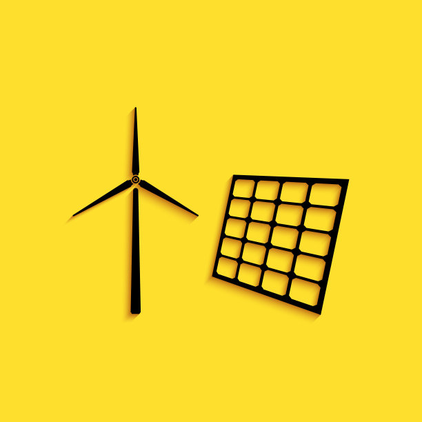黑色风车涡轮机发电和太阳能电池板图标孤立在黄色背景。能源替代，可再生能源的概念。长长的阴影风格。向量图片下载