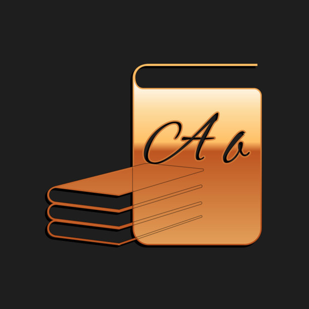 金色ABC书图标孤立在黑色背景。字典书的迹象。字母书图标。长长的阴影风格。向量图片下载