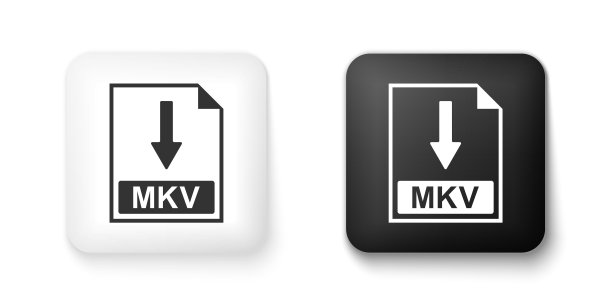 黑白MKV文件文档图标。白色背景上孤立的下载MKV按钮图标。方形按钮。矢量图片下载