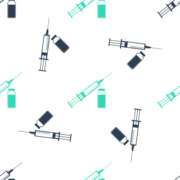 绿色医用注射器，白色背景上有针和小瓶或安瓿图标隔离无缝模式。疫苗，注射，疫苗，胰岛素概念。向量图片下载