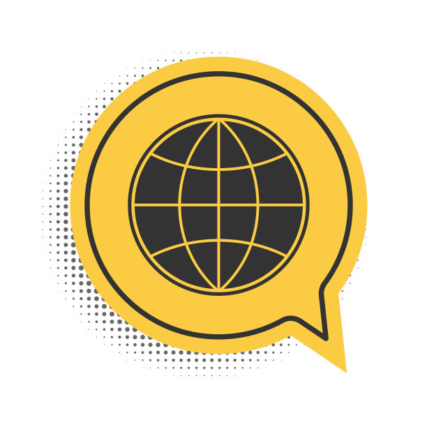 黑色地球地球仪图标孤立的白色背景。世界或土相星座。全球互联网的象征。几何形状。黄色语音气泡符号。向量图片下载
