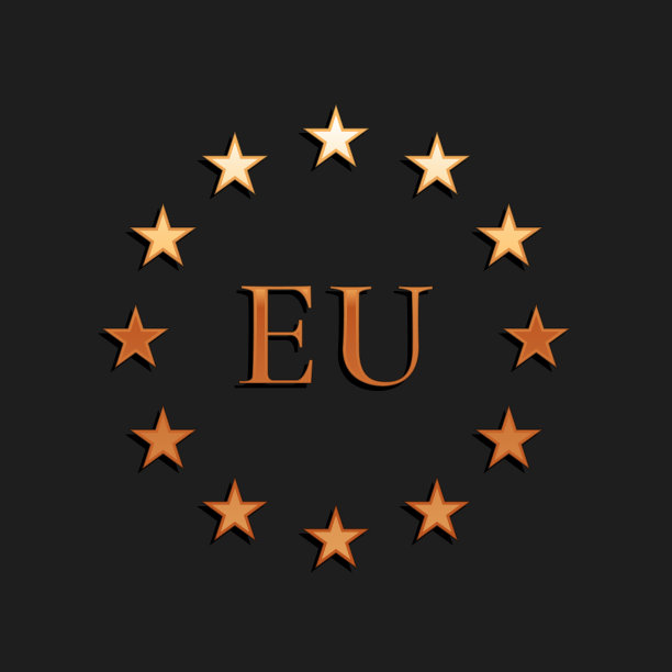 金色的欧盟标志孤立在黑色背景。欧盟圆圈符号。挥舞欧盟旗帜。长阴影风格。向量图片下载