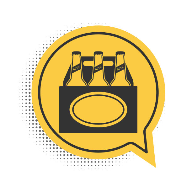 黑色包装的啤酒瓶图标孤立在白色背景。箱箱啤酒箱标志。黄色语音气泡符号。向量图片下载