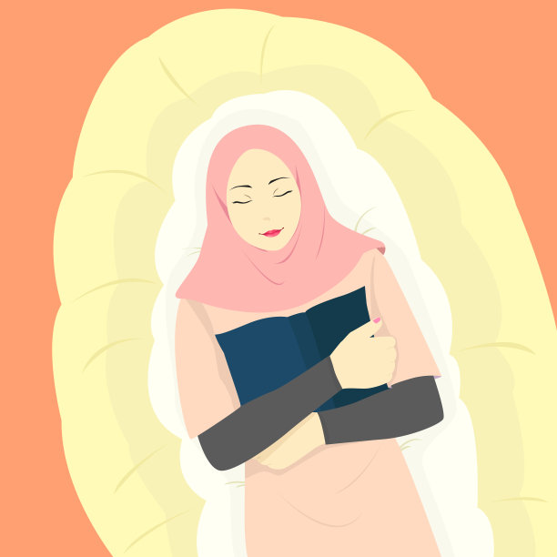 一名穆斯林妇女拿着一本书，脸上带着快乐的表情，戴着时髦的头巾，一名伊斯兰妇女睡在床垫上图片下载