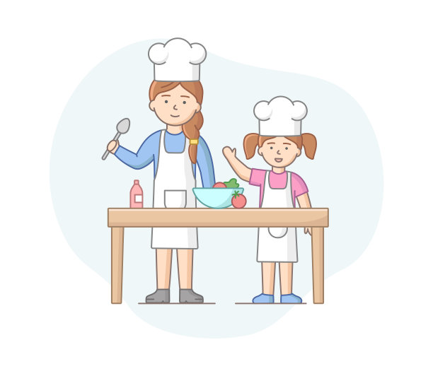 母爱概念：母亲与女儿共度时光，烹饪健康餐，享受在一起的时光。母亲教女儿烹饪，卡通线性轮廓扁平风格矢量插画图片下载