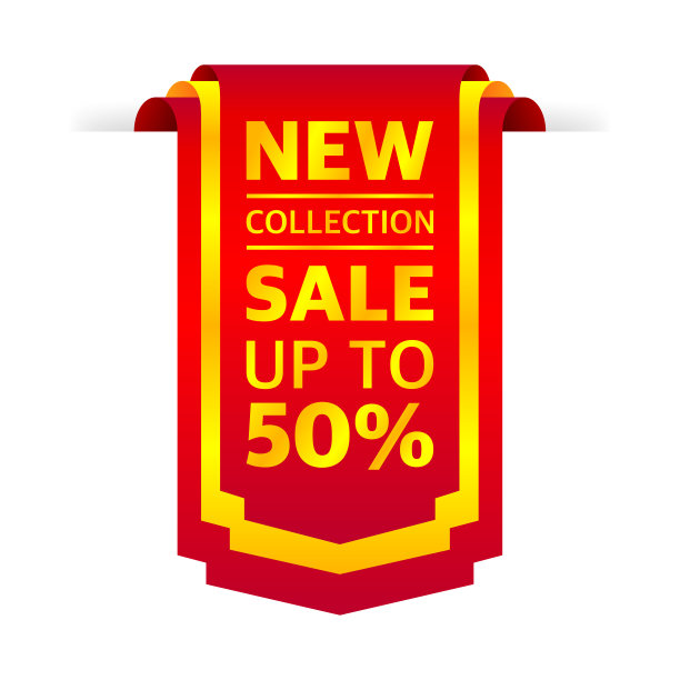 标签新收集高达50%的折扣销售。丝带销售标签旗帜孤立。黄金的颜色。矢量插图。图片下载