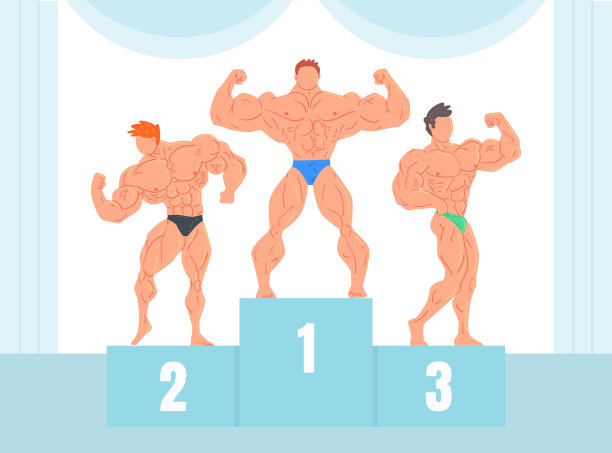 男性健美运动员摆姿势在领奖台和显示肌肉卡通矢量插图图片下载