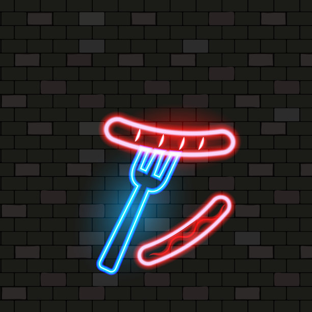 Vip氖图标。夜晚明亮的招牌，发光的横幅。黑砖墙背景上的叉子上的霓虹灯香肠。霓虹灯俱乐部酒吧概念在黑暗的背景。卡通平面矢量插图图片下载